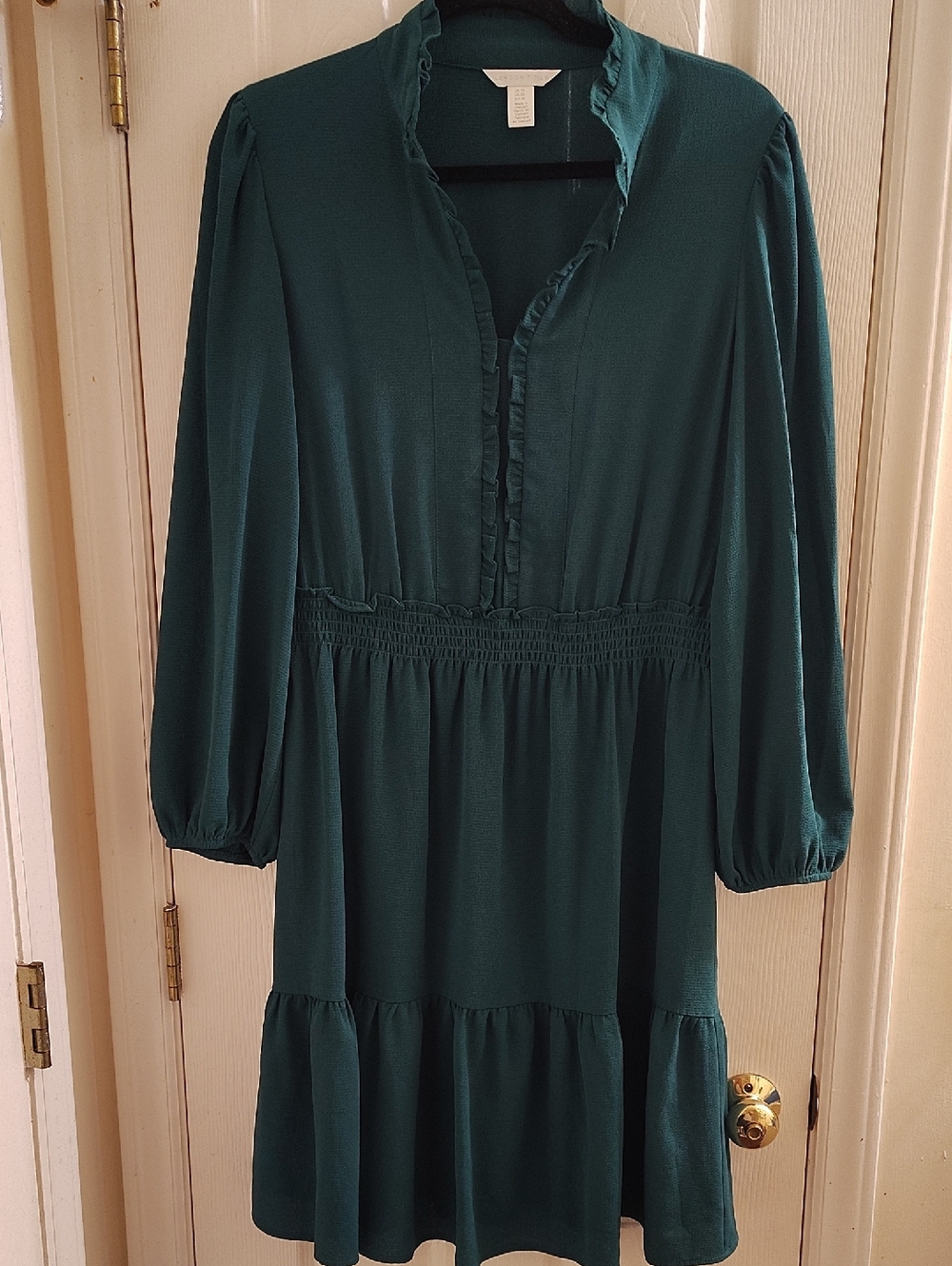 London Times Teal Long Sleeve Ruffle V-Neck Smocked Waist Dress